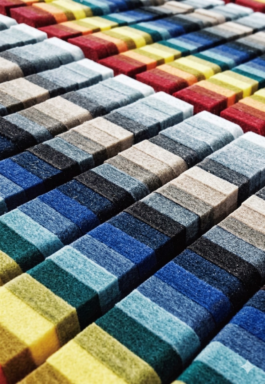 Stacks of Syntric acoustic PET felt panels in dozens of colors